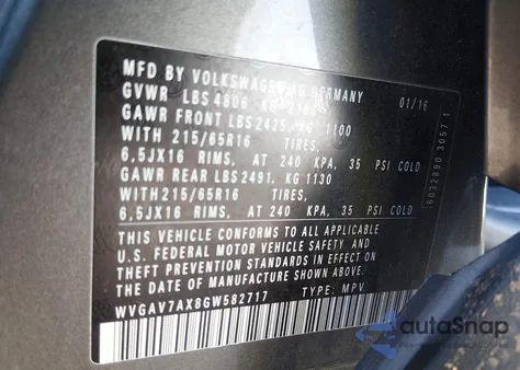 2016 Volkswagen Tiguan S from USA, damaged, VIN WVGAV7AX8GW582717